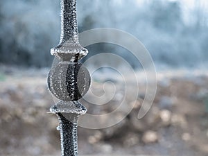 Detail shot of the bars of a security fence in a town frozen by the cercelilla