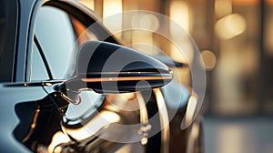 Detail shot of a cars side mirror highlighting its small and aerodynamic design that reduces drag and helps with overall photo