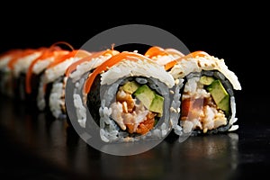 detail shot of cut sushi roll revealing fillings