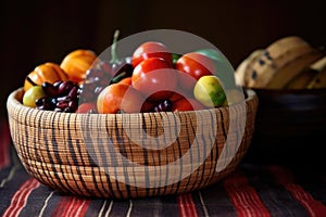 detail shot of handwoven african basket filled with fruits