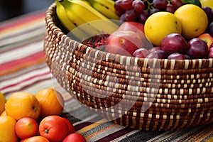 detail shot of handwoven african basket filled with fruits