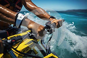 detail shot of jet ski racers hands on the handlebars