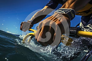 detail shot of jet ski racers hands on the handlebars