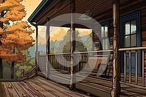 detail shot of log cabin porch railing, magazine style illustration