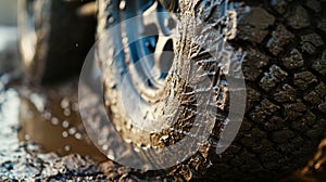 Detail shot of a mudcovered offroad tire showcasing the durability of the tread and the thick aggressive lugs designed photo