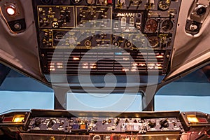 Detail shot of old aircraft simulator cockpit.