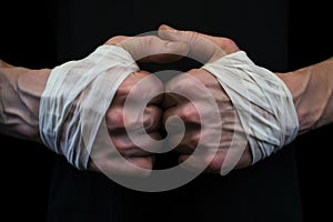 detail shot of a wing chun fighters hands wrapped in traditional bandages