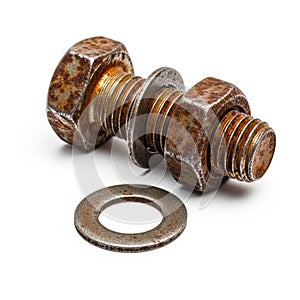 Rusty Bolt, Nut, and Washer on White Background