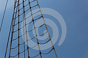 Detail of a shroud on an old tall ship, elaborate splicing and wound finish, sailing vessel rigging