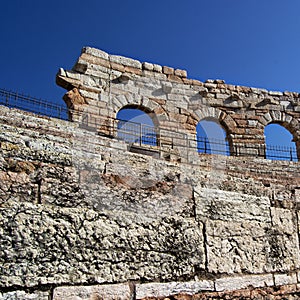 Detail of the side wall of the Arena of Verona, Italy. ancient roman riuns