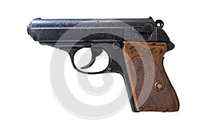 Detail of a small German WWII pistol, the Walther PPK on a white background