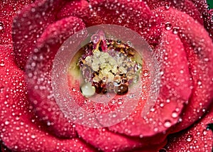Detail of small red rose with water drops on petals, macro photography of nature