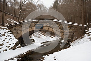 Detail of a snow covered footbridge over a stream