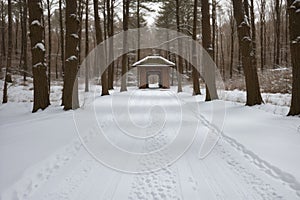 Detail of a snow-covered footpath in a forest