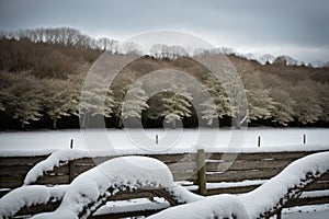 Detail of snow on a leafless hedge