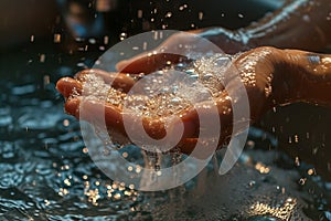 Detail of soapy hands under running water to promote cleanliness