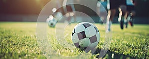 Detail of soccer players running after the ball in sunset light