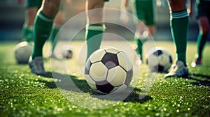 Detail from soccer training - view of soccer balls and feet of soccer players