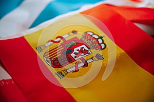 Detail on Spain National flag for support on football tournament