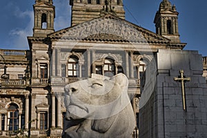 A detail of a statue of a lion with a historical buidling in the background photo