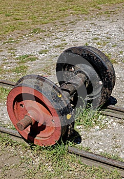 Detail of steam locomotives old rusty wheel - Chiloe Island, Chile