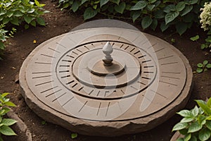 Detail of a stone sundial in a flower garden