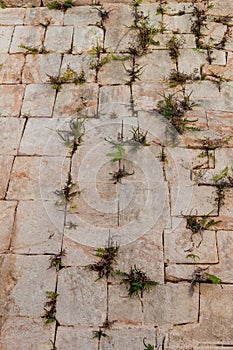 Detail of the stonework at the Nun`s Quadrangle Cuadrangulo de las Monjas building complex at the ruins of the ancient