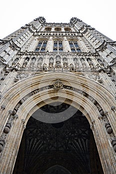 Detail of the stonework of the Victoria Tower above the Sovereigns Entrance to the Houses   of Parliament in London, England