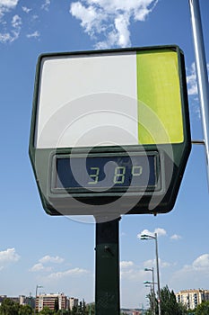 Detail of a street thermometer showing high temperature