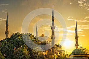 Detail of the Sultanahmet Mosque (Blue Mosque) at sunset