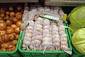 The detail from the supermarket inside with exposed garlic