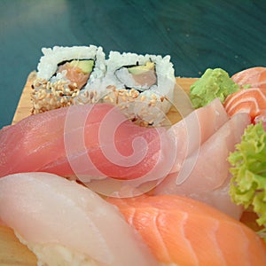 Detail of sushi and sashimi