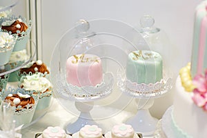 Detail of sweet table on wedding with cupcakes and bride and groom cakes.