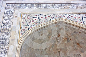Detail of Taj Mahal exterior in Agra, Uttar Pradesh, India