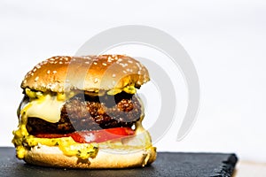 Detail of tasty beef cheeseburger isolated on white background. Cheeseburger with pickles, tomatoes, onion, melting cheese