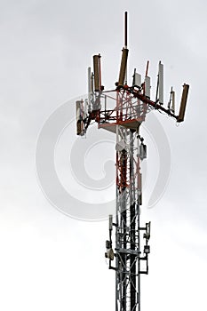 Detail of the telecommunication tower. Telecommunication tower with antennas and antennas for microwaves, 4g radio links and