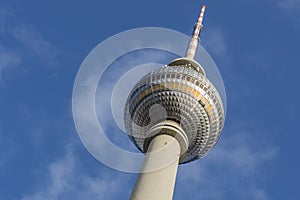 Detail of the television tower, Berlin, Germany, against a beautiful blue sky