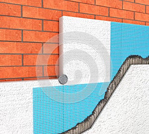 Detail of Thermal insulation of a brick wall with polyurethane panels on a white 3d photo