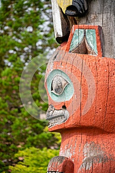 Detail of a Tlingit totem pole in Sitka, Alaska