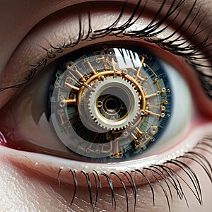 Detail to a modern or future eye prosthesis on the human eye, healthcare concept