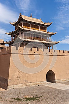 Detail of a tower of the Jiayuguan fort near the city of Jiayuguan in the Gansu Province