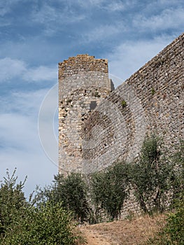 Detail of a Tower and Vegetation of the Outer Walls of the Medieval Village of Monteriggioni in Siena, Tuscany - Italy