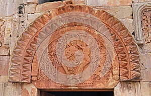 Detail of traditional Armenian rock carving. Novarank monastery in Armenia.