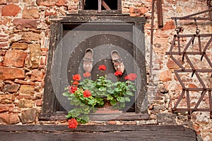 Detail of a traditional house decoration with geranium flowers and old, wooden clogs.
