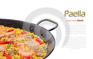 Detail of traditional spanish paella cooked in a pan