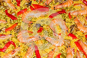 Detail of traditional spanish paella cooked in a pan