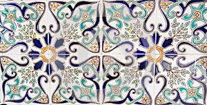 Detail of the traditional tiles from facade of old house. Decorative tiles.Valencian traditional tiles. Floral ornament.