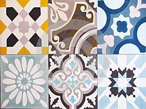 Detail of the traditional tiles from facade of old house. Decorative tiles.Valencian traditional tiles. Floral ornament. photo