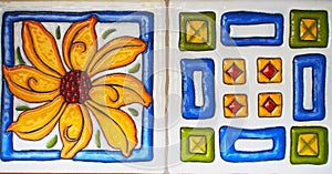 Detail of the traditional tiles from facade of old house. Decorative tiles.Valencian traditional tiles. Floral ornament. Spain