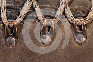 Detail of trekking shoes hook and loop.